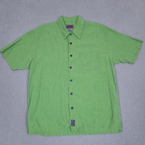 Vintage Nautica Marine Denim Co Shirt Mens Medium Green Plaid Rayon Button Up - Picture 1 of 12